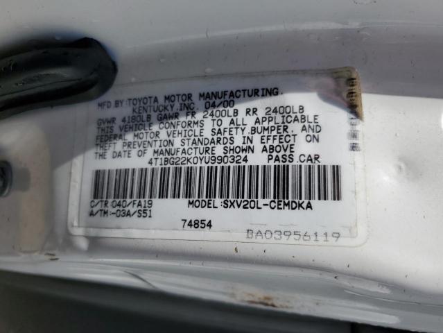 4T1BG22K0YU990324 - 2000 TOYOTA CAMRY CE WHITE photo 12