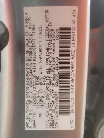 3TMJU4GN1FM185652 - 2015 TOYOTA TACOMA DOUBLE CAB PRERUNNER SILVER photo 12