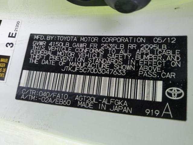 JTKJF5C70D3047633 - 2013 TOYOTA SCION TC 白色 照片 12