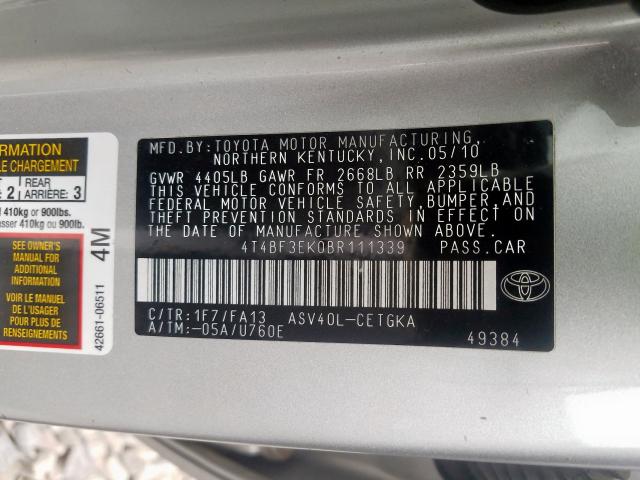 4T4BF3EK0BR111339 - 2011 TOYOTA CAMRY BASE SILVER photo 10