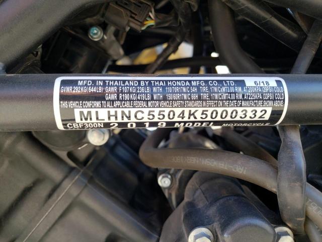 MLHNC5504K5000332 - 2019 HONDA CBF300 N GRAY photo 10