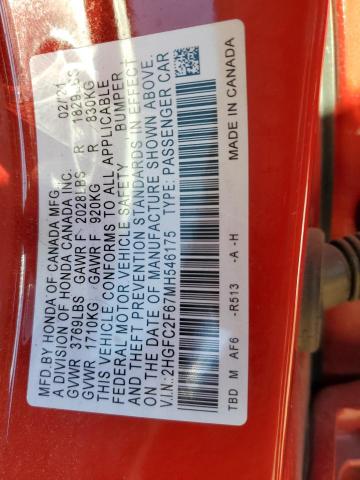 2HGFC2F67MH546175 - 2021 HONDA CIVIC LX RED photo 12