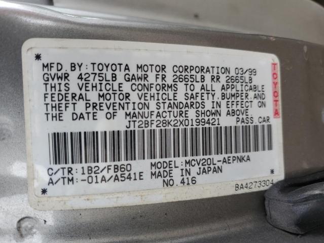 JT2BF28K2X0199421 - 1999 TOYOTA CAMRY LE SILVER photo 12