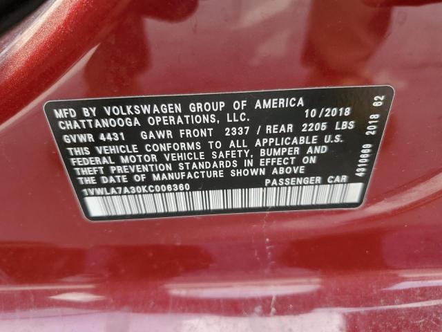 1VWLA7A30KC006360 - 2019 VOLKSWAGEN PASSAT WOLFSBURG RED photo 12