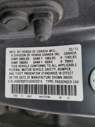 2HGFB2F51CH572215 - 2012 HONDA CIVIC LX GRAY photo 12