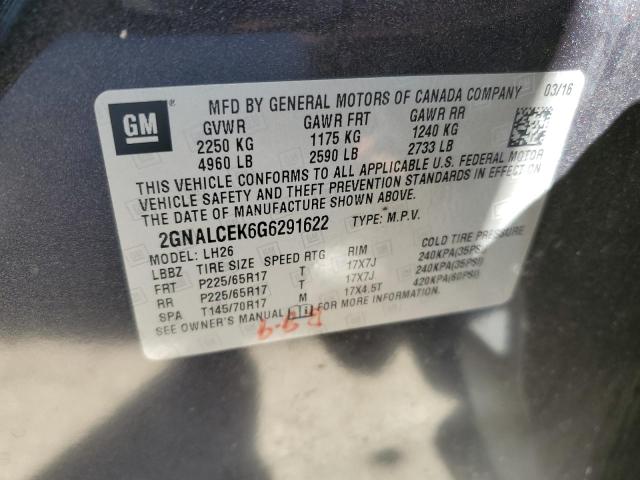 2GNALCEK6G6291622 - 2016 CHEVROLET EQUINOX LT CHARCOAL photo 13