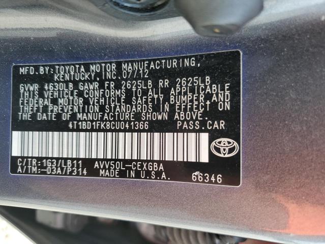 4T1BD1FK8CU041366 - 2012 TOYOTA CAMRY HYBRID GRAY photo 12