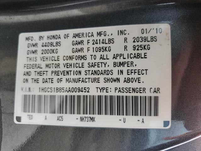 1HGCS1B85AA009452 - 2010 HONDA ACCORD EXL GRAY photo 12