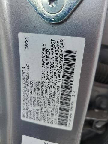 1HGCV1F32MA081798 - 2021 HONDA ACCORD SPORT SILVER photo 12