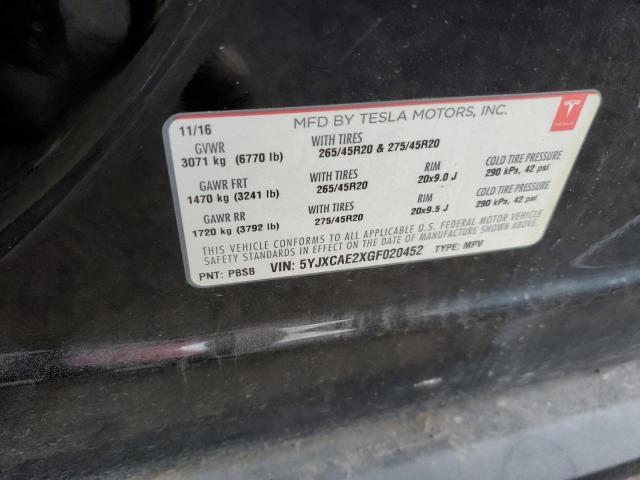5YJXCAE2XGF020452 - 2016 TESLA MODEL X შავი ფოტო 12
