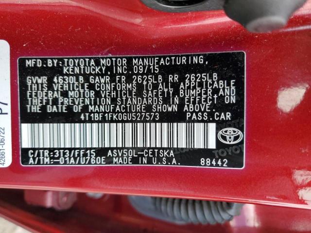 4T1BF1FK0GU527573 - 2016 TOYOTA CAMRY X LE RED photo 12