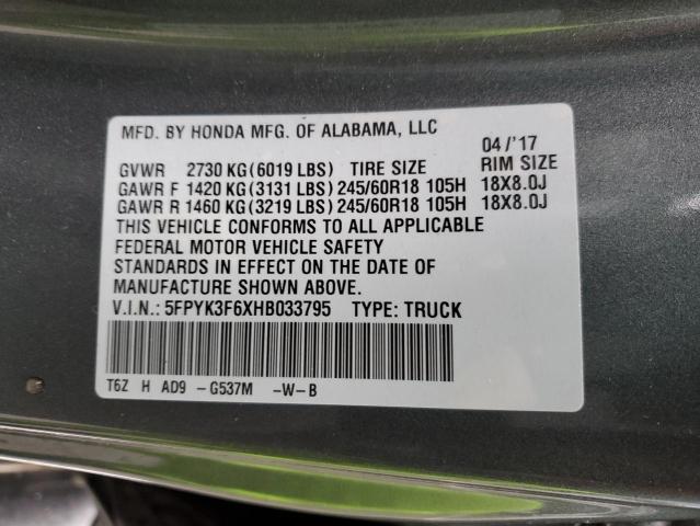 5FPYK3F6XHB033795 - 2017 HONDA RIDGELINE RTL GRAY photo 12