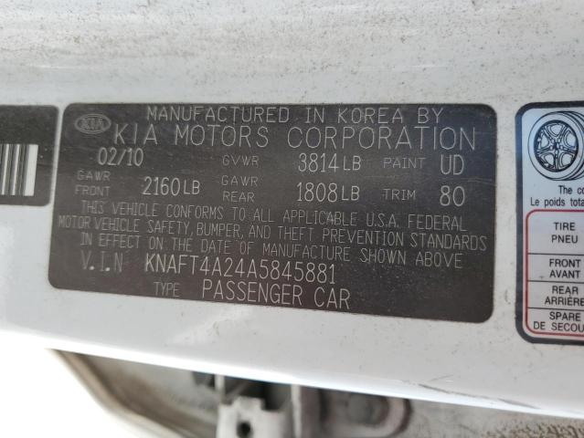 KNAFT4A24A5845881 - 2010 KIA FORTE LX WHITE photo 12