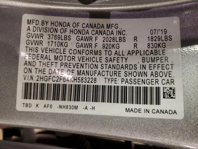 2HGFC2F64KH583228 - 2019 HONDA CIVIC LX SILVER photo 12