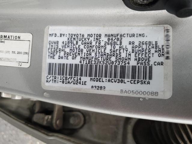 4T1BE32K52U073754 - 2002 TOYOTA CAMRY LE SILVER photo 12