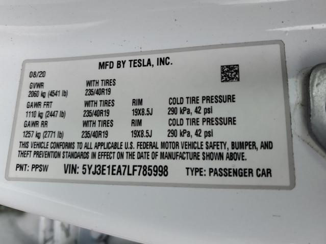 5YJ3E1EA7LF785998 - 2020 TESLA MODEL 3 WHITE photo 13