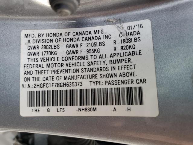 2HGFC1F78GH635373 - 2016 HONDA CIVIC EXL ვერცხლისფერი ფოტო 12