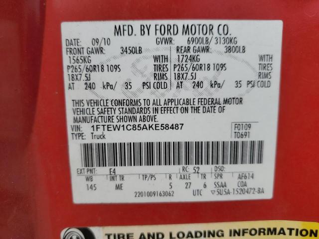 1FTEW1C85AKE58487 - 2010 FORD F150 SUPERCREW RED photo 12