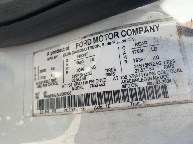 3FRNF65G54V689966 - 2004 FORD F650 SUPER DUTY WHITE photo 10