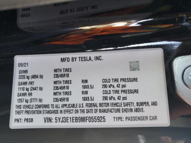 5YJ3E1EB9MF055925 - 2021 TESLA MODEL 3 BLACK photo 13