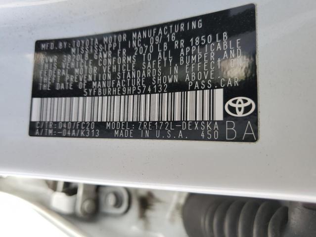 5YFBURHE9HP574132 - 2017 TOYOTA COROLLA L WHITE photo 12