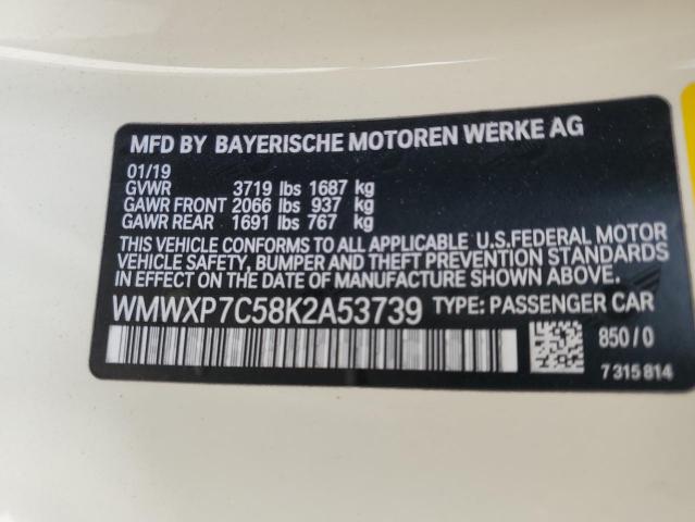 WMWXP7C58K2A53739 - 2019 MINI COOPER S CREAM photo 12