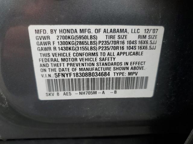 5FNYF18308B034684 - 2008 HONDA PILOT SE GRAY photo 14