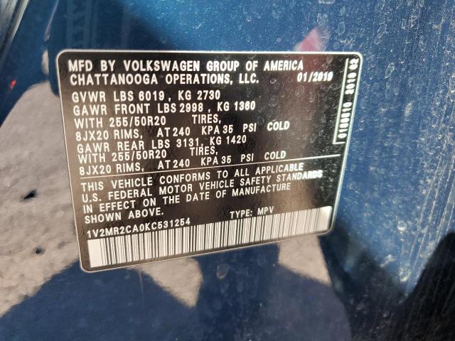 1V2MR2CA0KC531254 - 2019 VOLKSWAGEN ATLAS SEL BLUE photo 13