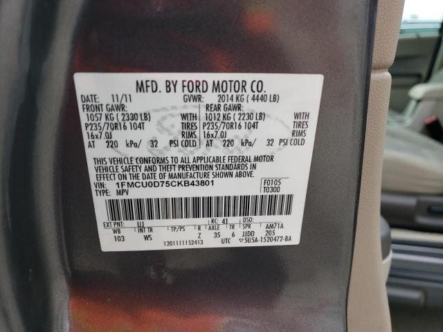 1FMCU0D75CKB43801 - 2012 FORD ESCAPE XLT GRAY photo 12