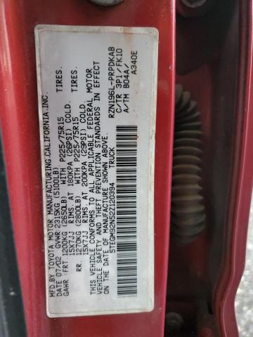 5TEGM92N52Z120394 - 2002 TOYOTA TACOMA DOUBLE CAB PRERUNNER RED photo 12