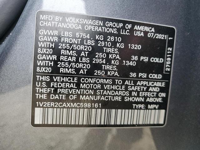 1V2ER2CAXMC598161 - 2021 VOLKSWAGEN ATLAS SEL GRAY photo 12