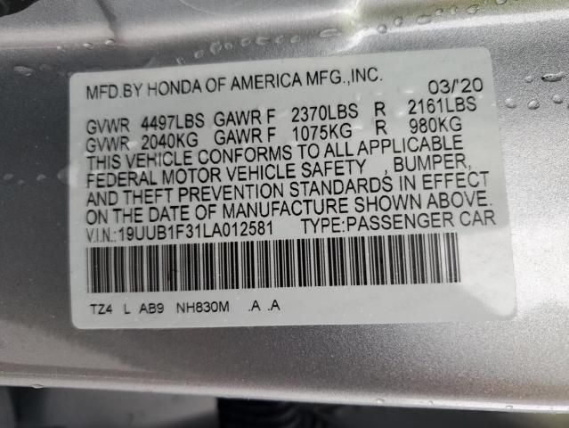 19UUB1F31LA012581 - 2020 ACURA TLX SILVER photo 12