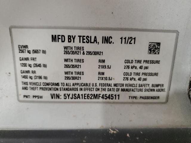5YJSA1E62MF454511 - 2021 TESLA MODEL S თეთრი ფოტო 13