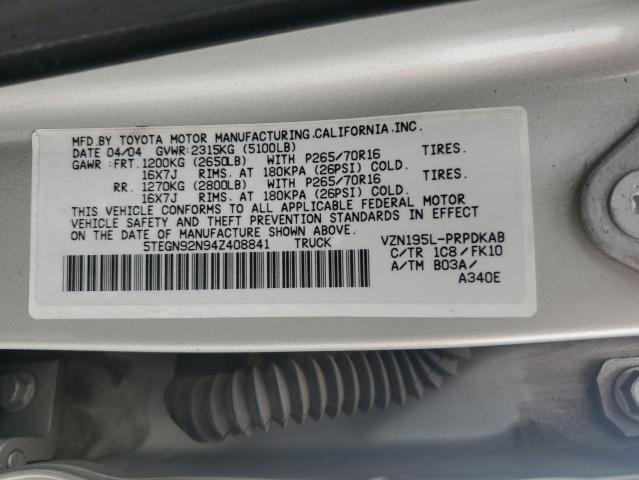 5TEGN92N94Z408841 - 2004 TOYOTA TACOMA DOUBLE CAB PRERUNNER SILVER photo 13