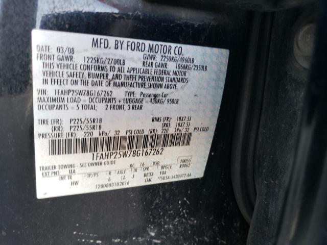 1FAHP25W78G167262 - 2008 FORD TAURUS LIMITED BLACK photo 12