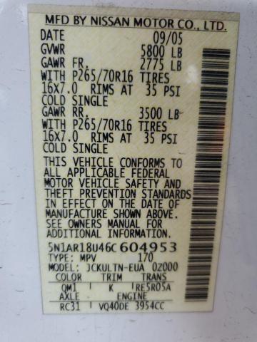 5N1AR18U46C604953 - 2006 NISSAN PATHFINDER LE თეთრი ფოტო 13