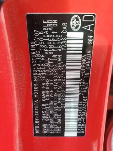 2T1KR32E38C714151 - 2008 TOYOTA COROLLA MA XR RED photo 13