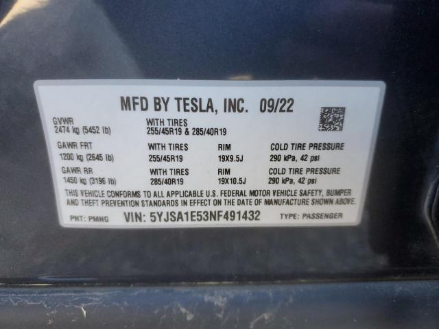 5YJSA1E53NF491432 - 2022 TESLA MODEL S Boz foto 13