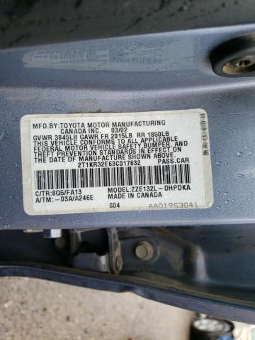 2T1KR32E63C017632 - 2003 TOYOTA COROLLA MA XR BLUE photo 12