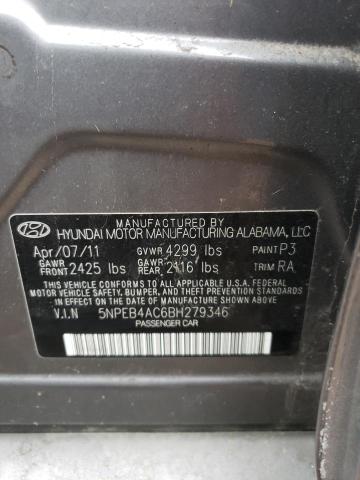 5NPEB4AC6BH279346 - 2011 HYUNDAI SONATA GLS GRAY photo 13