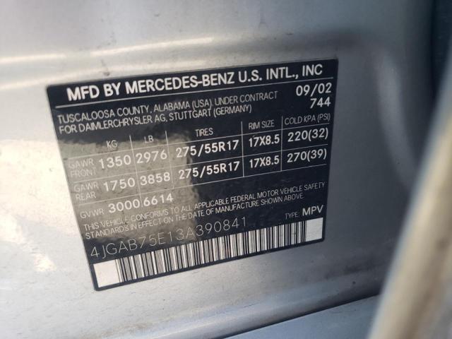 4JGAB75E13A390841 - 2003 MERCEDES-BENZ ML 500 SILVER photo 12