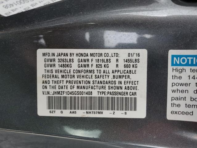 JHMZF1D45GS001408 - 2016 HONDA CR-Z GRAY photo 12