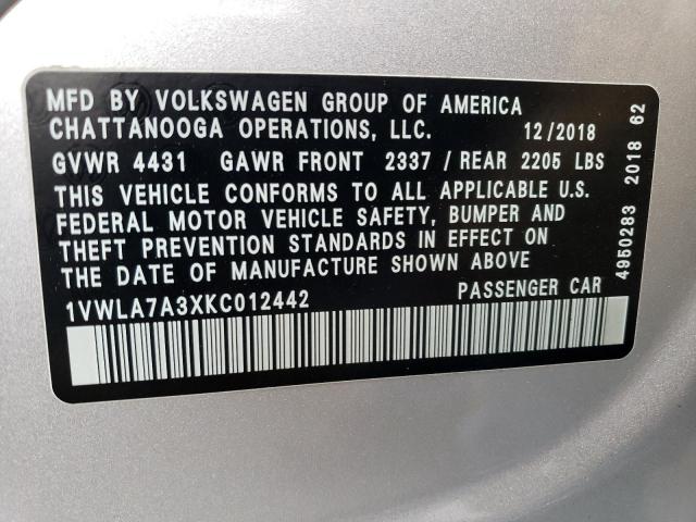 1VWLA7A3XKC012442 - 2019 VOLKSWAGEN PASSAT WOLFSBURG SILVER photo 12