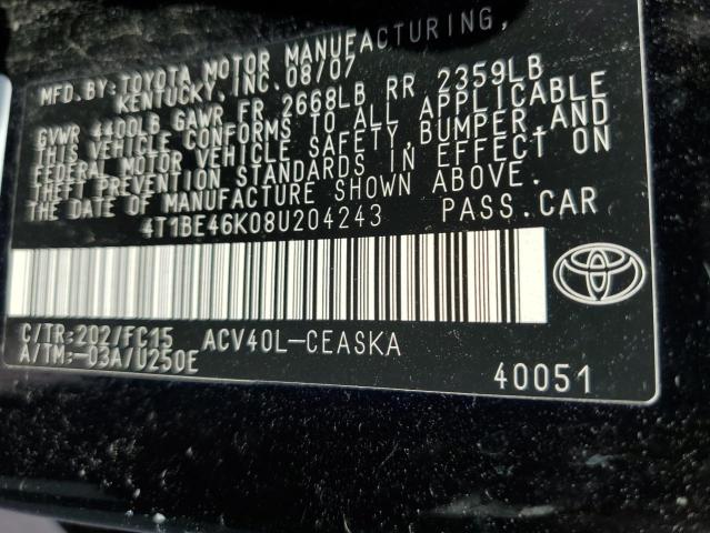 4T1BE46K08U204243 - 2008 TOYOTA CAMRY CE BLACK photo 12