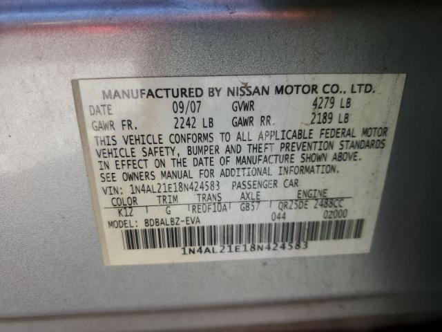 1N4AL21E18N424583 - 2008 NISSAN ALTIMA 2.5 SILVER photo 12