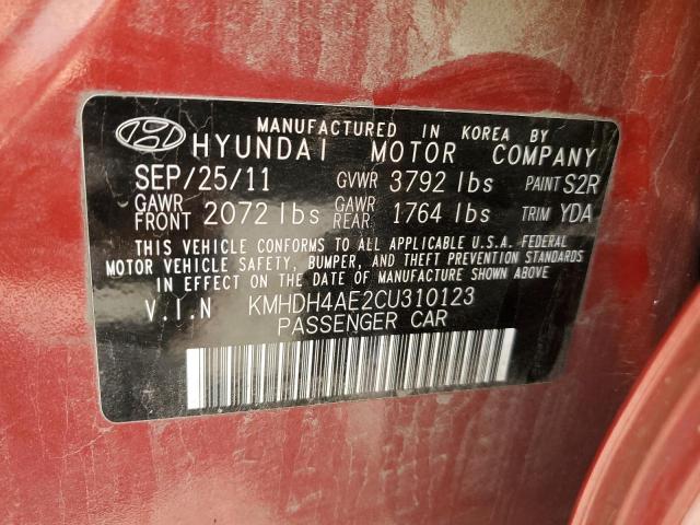 KMHDH4AE2CU310123 - 2012 HYUNDAI ELANTRA GLS RED photo 12