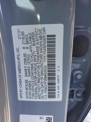 1HGCV1F35MA035222 - 2021 HONDA ACCORD SPORT GRAY photo 12