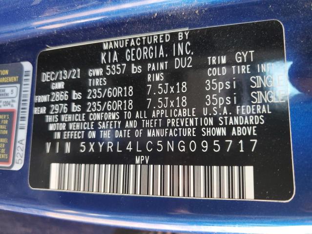 5XYRL4LC5NG095717 - 2022 KIA SORENTO S BLUE photo 12