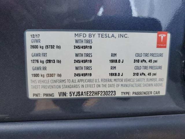 5YJSA1E22HF230223 - 2017 TESLA MODEL S GRAY photo 13