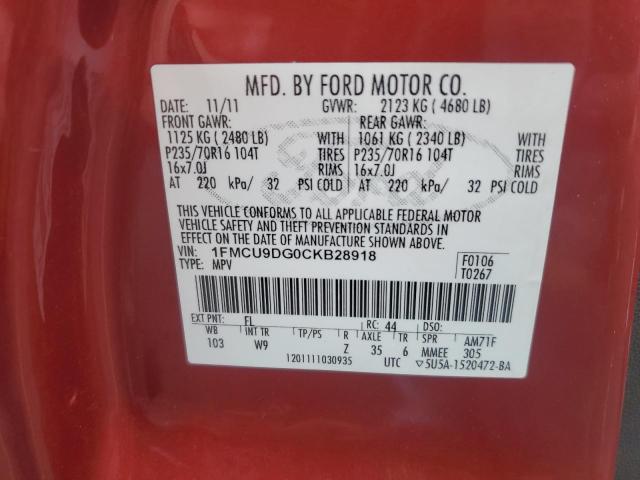 1FMCU9DG0CKB28918 - 2012 FORD ESCAPE XLT RED photo 12